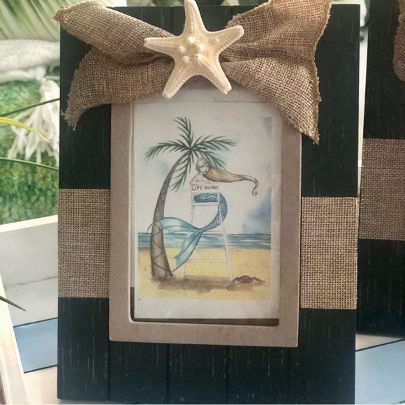 NEW! Charcoal Blue Gray Rustic Wood Frame Starfish Burlap Accents - Picture 2 of 8